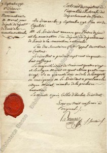 Nomination de M. Marat pour député du départ. de Paris à la Convention nationale 9 septembre 1792 Manoscritto firmato Jean Claude Bernard. 